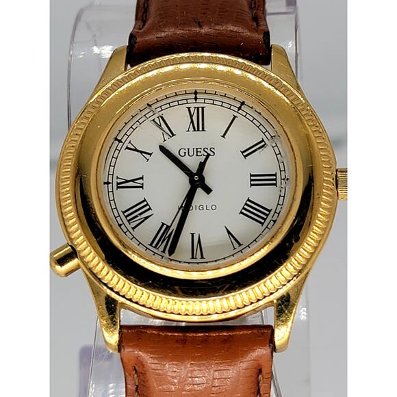 Vintage GUESS Gold-Tone Roman Numeral Analog Watch with Brown Leather Strap